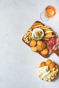 High angle view of breakfast served on table