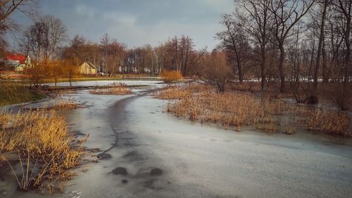Scenic view of frozen lake against sky during winter