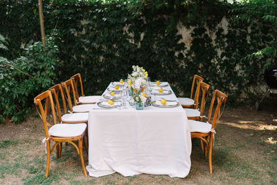 Empty chairs and tables at restaurant