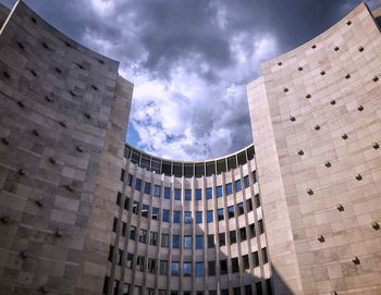 Low angle view of modern buildings against sky in city