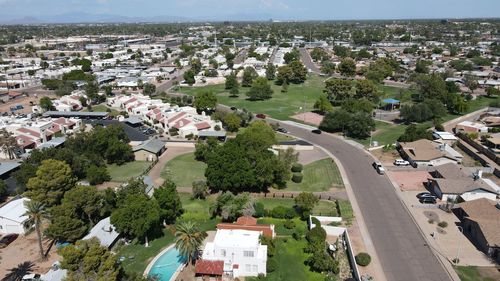 High angle view of residential neighborhood in city