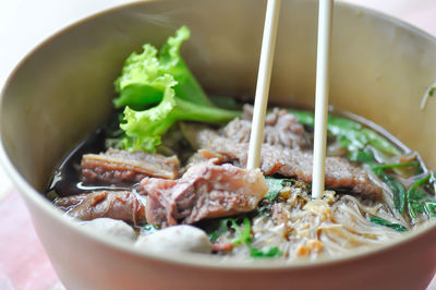 Close-up of soup in bowl on table