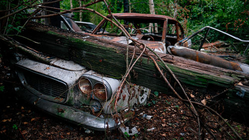 Abandoned truck on field in forest