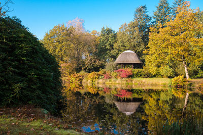 Scenic view of lake against trees during autumn