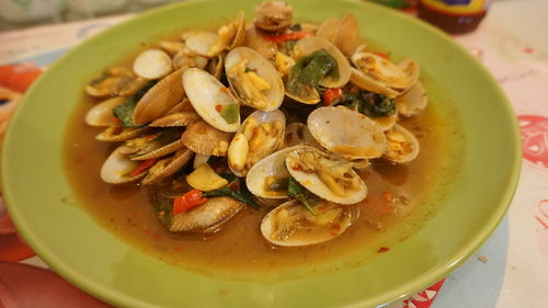 High angle view of soup in bowl