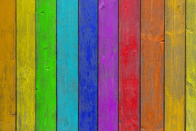 Close-up of a rainbow wooden wall or fence painted a very long time and the paint peeled off.