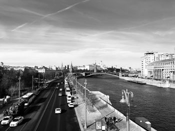 High angle view of bridge in city against sky