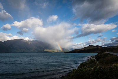 Scenic view of rainbow over sea against sky