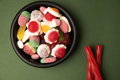 High angle view of fruits in bowl on table