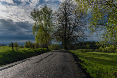 Road amidst trees on field against sky