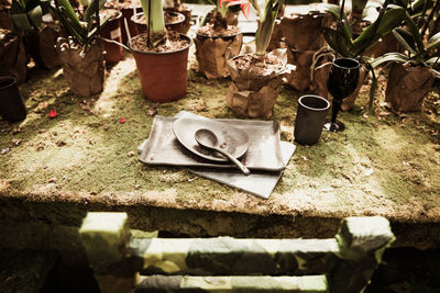 High angle view of old potted plants on ground