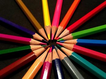 Close-up of multi colored pencils on table