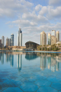 Reflection of buildings in swimming pool against sky