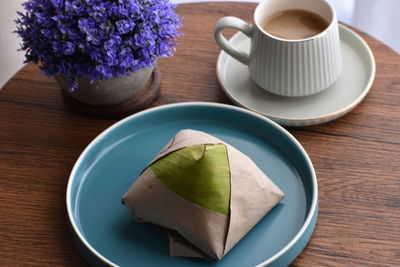 High angle view of breakfast on table