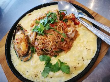 Close-up of food served on table