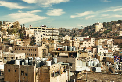 High angle view of buildings against sky