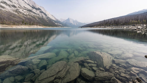 View on pristine alpine lake with clear water and mountain on its end, horizontal, jasper np, canada