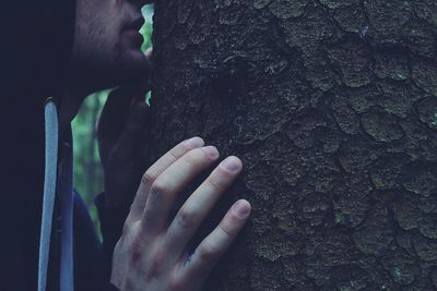 Cropped image of man touching tree trunk