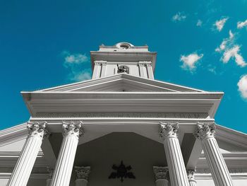 Low angle view of temple building against blue sky