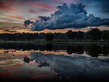 Scenic view of lake against dramatic sky
