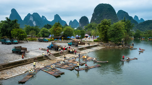 Lee river harbor, where hundreds of bamboo rafts are loaded, guilin, china.