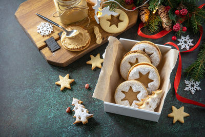 High angle view of christmas decorations on table