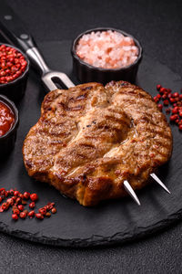 High angle view of food in plate on table