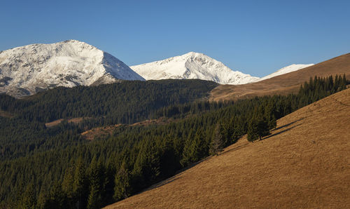 Scenic view of mountains against clear blue sky