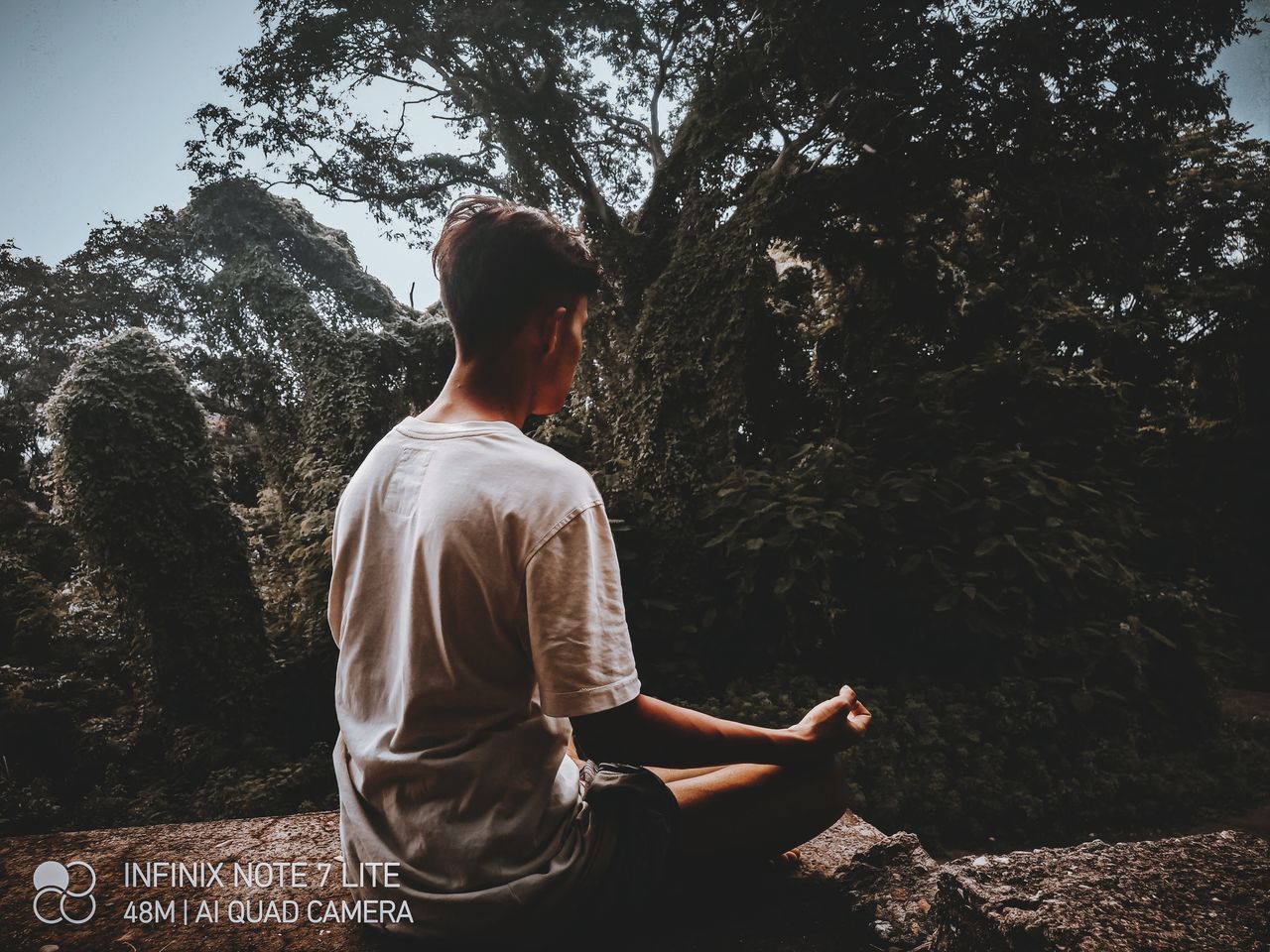 REAR VIEW OF MAN SITTING ON ROCK AGAINST TREES