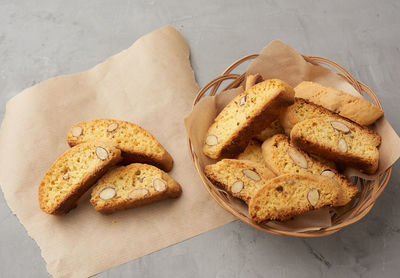 Pieces of baked italian christmas biscotti cookies, top view