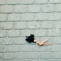 Woman lying on brick wall