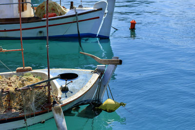High angle view of fishing boat moored in sea