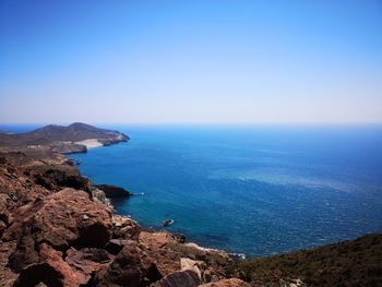 Scenic view of sea against clear blue sky