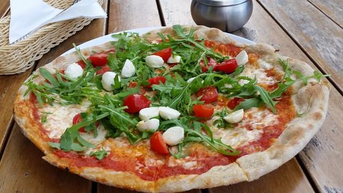 High angle view of pizza on table