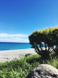 Scenic view of sea against clear blue sky