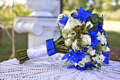 Close-up of blue flowers on table