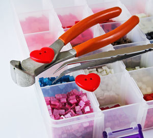 High angle view of toys in container