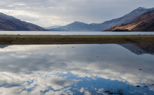 Scenic view of lake and mountains against sky