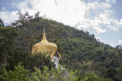 Rear view of men amidst trees against sky