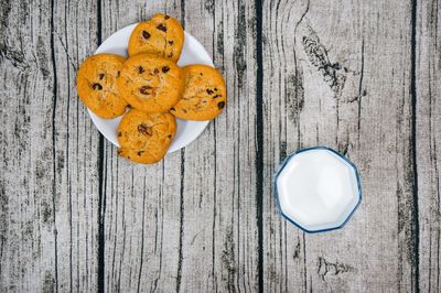 High angle view of cookies in plate on table