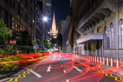High angle view of city street at night