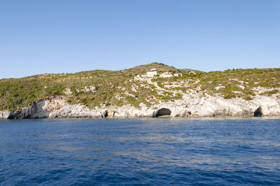 Scenic view of sea against clear blue sky