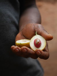 Midsection of man holding nutmeg