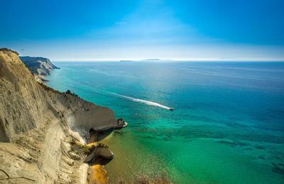 High angle view of sea against blue sky