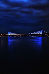 Illuminated bridge over river at dusk