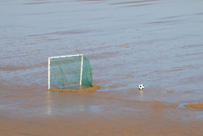 High angle view of a soccer goal in the beach 