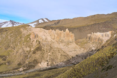 Panoramic view of rocky mountains against sky with snow in andes, chile, san clemente