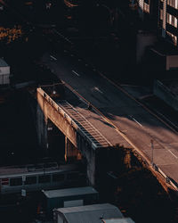 High angle view of railroad tracks at night