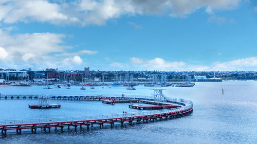 Scenic view of river against sky in city