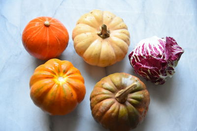 High angle view of pumpkins against orange background